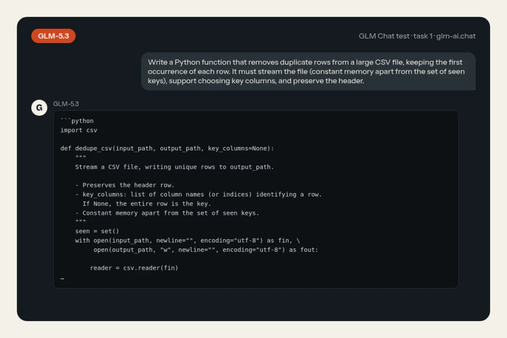 GLM-5.3 answering task 1 (Python: stream-safe CSV dedupe) in GLM Chat