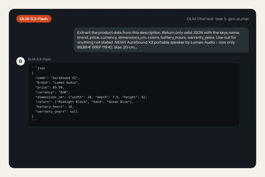 GLM-5.3-Flash answering task 5 (Extract JSON from a messy description) in GLM Chat