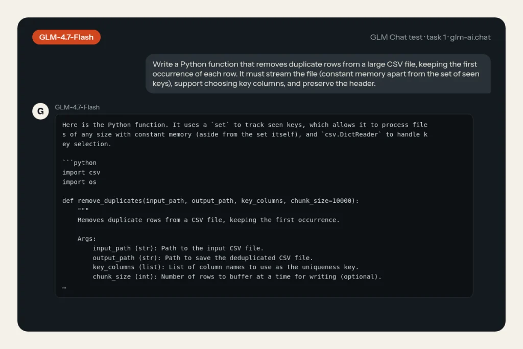 GLM-4.7-Flash answering task 1 (Python: stream-safe CSV dedupe) in GLM Chat